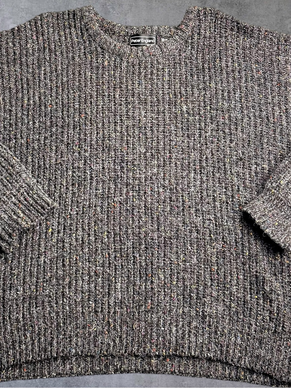 Vintage Peter England Sweater Mens XL Wool Blend Donegal Fleck Chunky Knit Gray